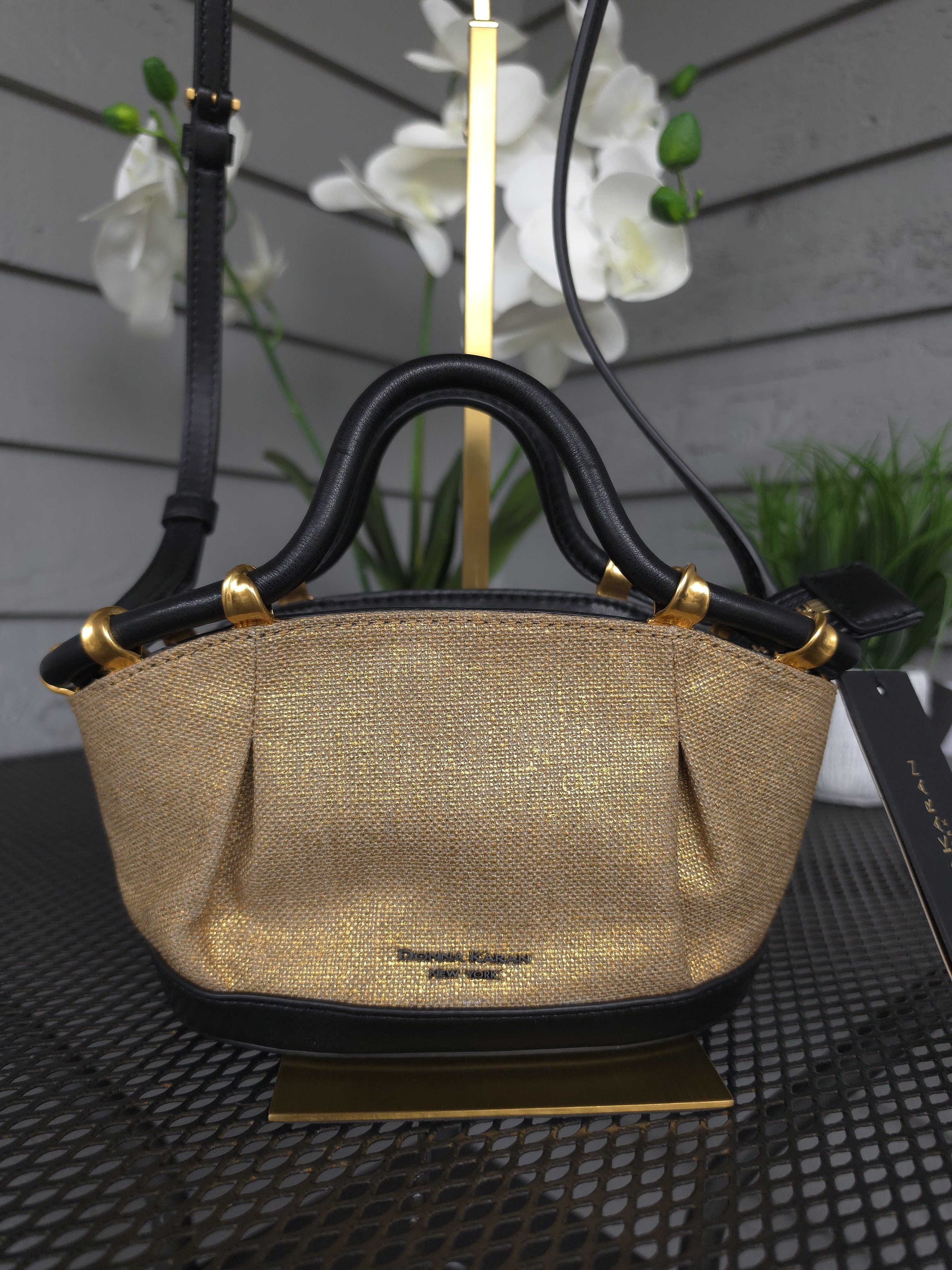 Donna Karan Chiffon Gold And Black Mini Satchel